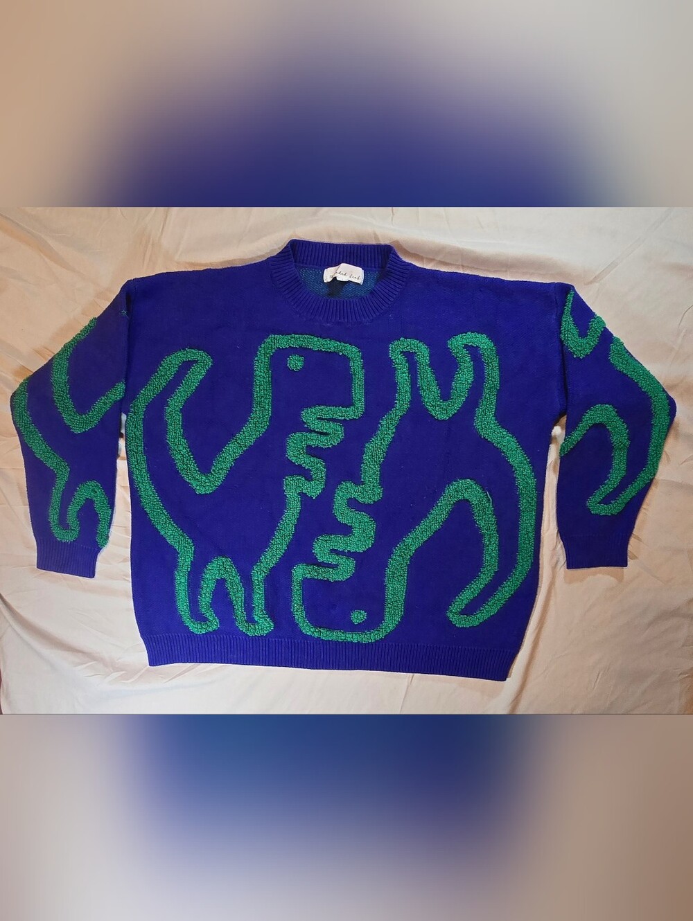Threaded Leaf Dinosaur Sweater Womens Large Royal Blue Green Knit Fuzzy Intarsia